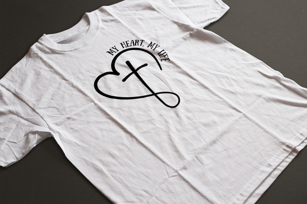 "My Heart My Life" Unisex Graphic Tee | Heart and Cross Line Art Inspirational Shirt