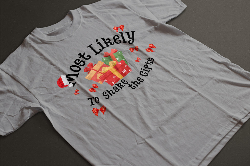 Most Likely to Shake the Gifts Christmas Tee — Fun Unisex Holiday Shirt with Gift & Bow Graphics | LAHall Artworks
