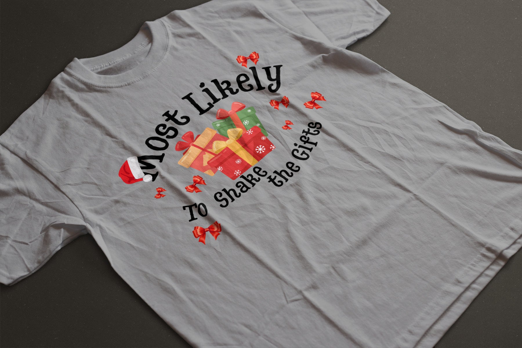 Most Likely to Shake the Gifts Christmas Tee — Fun Unisex Holiday Shirt with Gift & Bow Graphics | LAHall Artworks