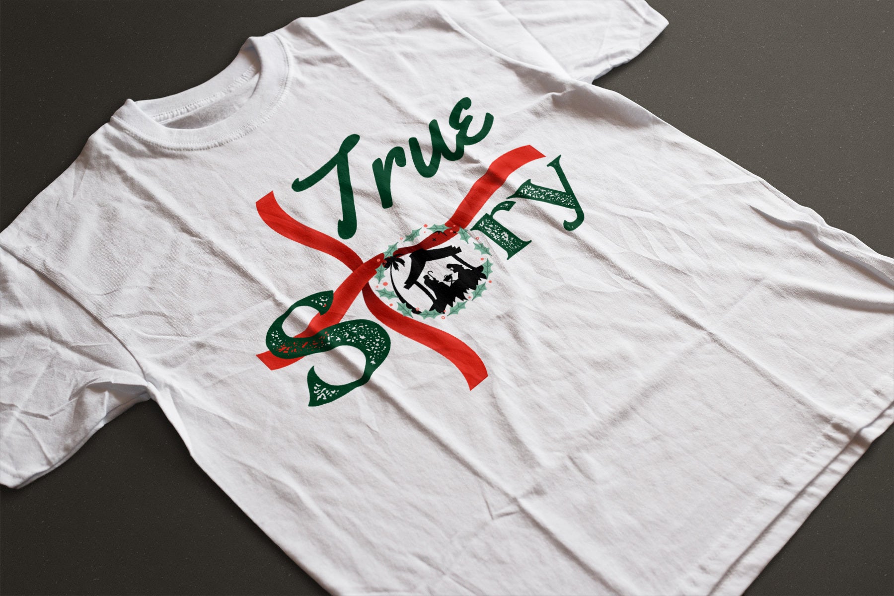 "True Story" Nativity Christmas Tee — LAHall Artworks Nativity & Cross Graphic Unisex Holiday T-Shirt in White, Grey, Blue & Green | LAHall Artworks