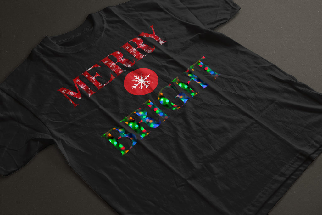 "Merry and Bright" Christmas Tee — :LAHall Artworks Snowflake & Christmas Light Graphic Unisex Holiday Shirt in White, Black, Grey & Green | LAHall Artworks