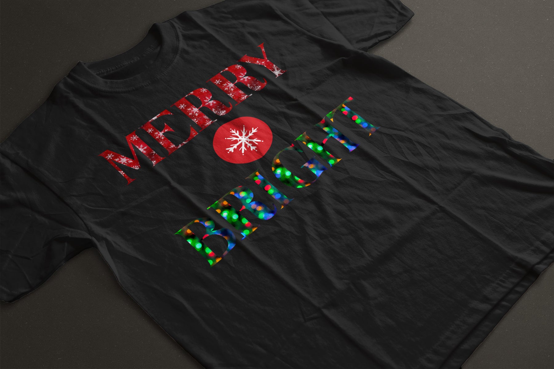 "Merry and Bright" Christmas Tee — :LAHall Artworks Snowflake & Christmas Light Graphic Unisex Holiday Shirt in White, Black, Grey & Green | LAHall Artworks