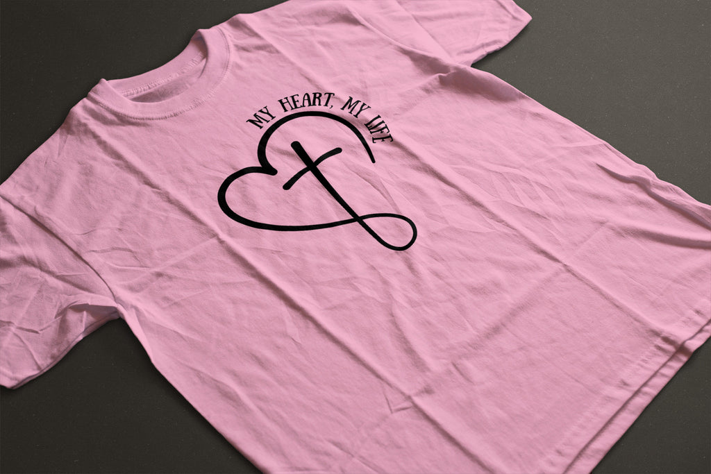 "My Heart My Life" Unisex Graphic Tee | Heart and Cross Line Art Inspirational Shirt