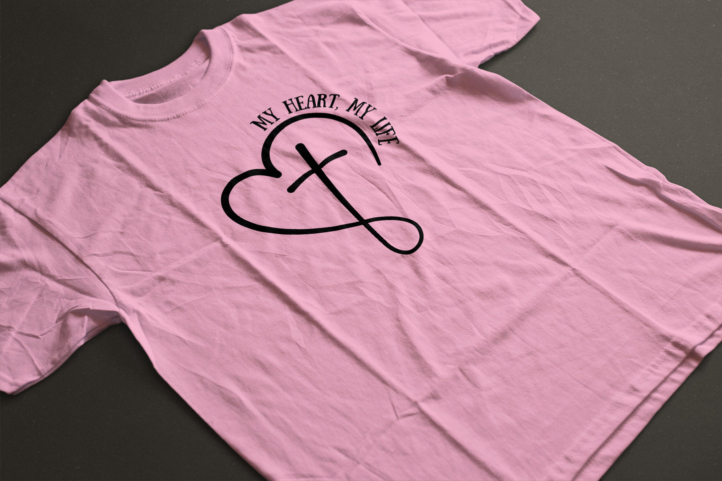 "My Heart My Life" Unisex Graphic Tee | Heart and Cross Line Art Inspirational Shirt