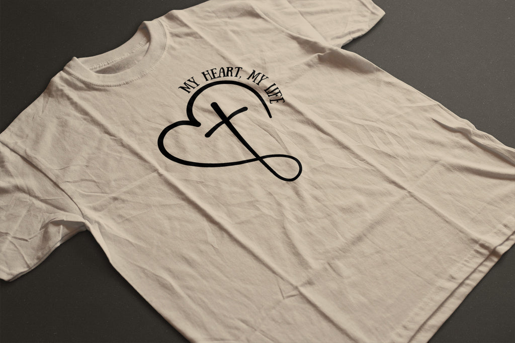 "My Heart My Life" Unisex Graphic Tee | Heart and Cross Line Art Inspirational Shirt