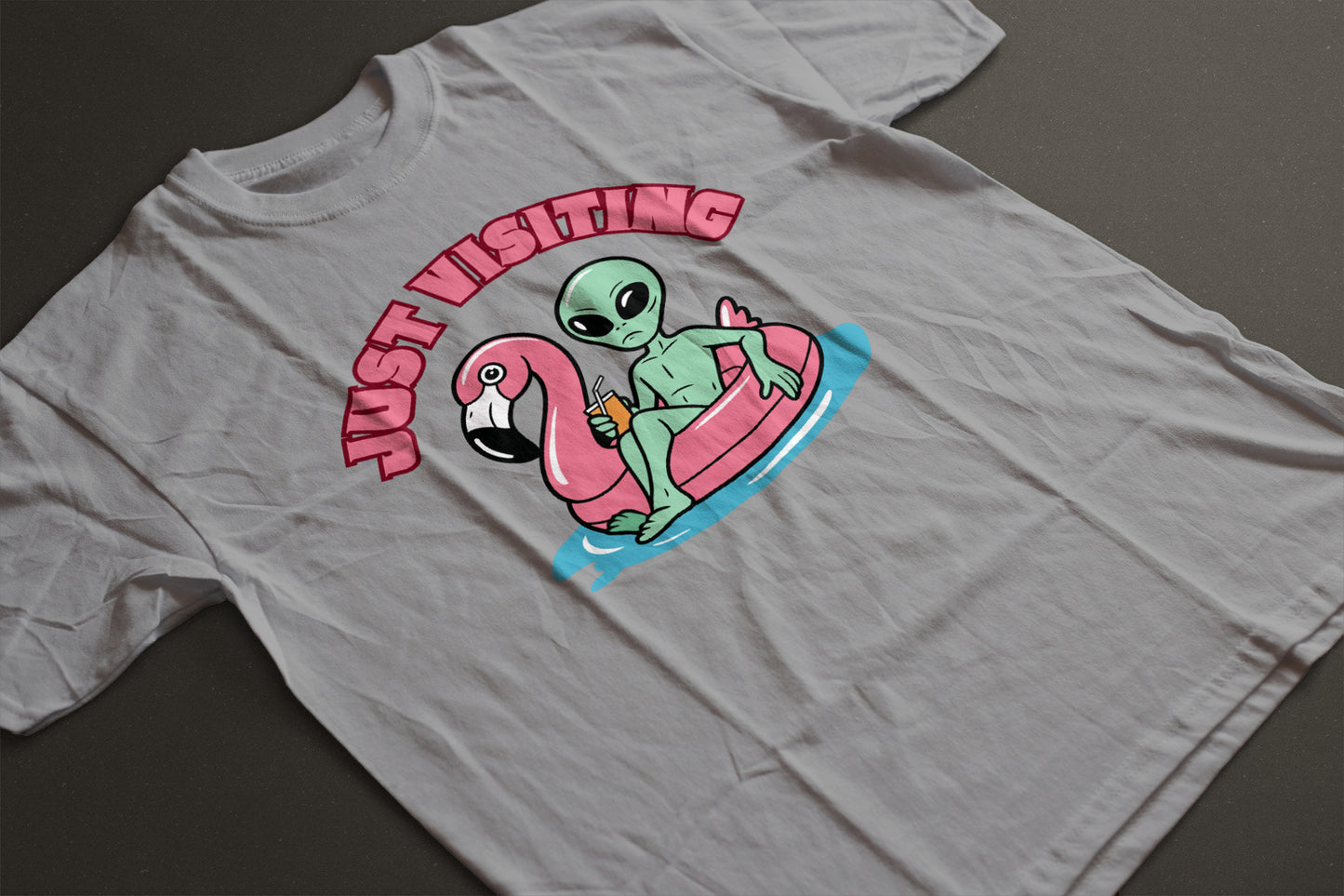 “Just Visiting” UFO Graphic Shirt - Funny Alien Flamingo Pool Float Tee | Retro Summer Vacation T-Shirt | LAHall Artworks