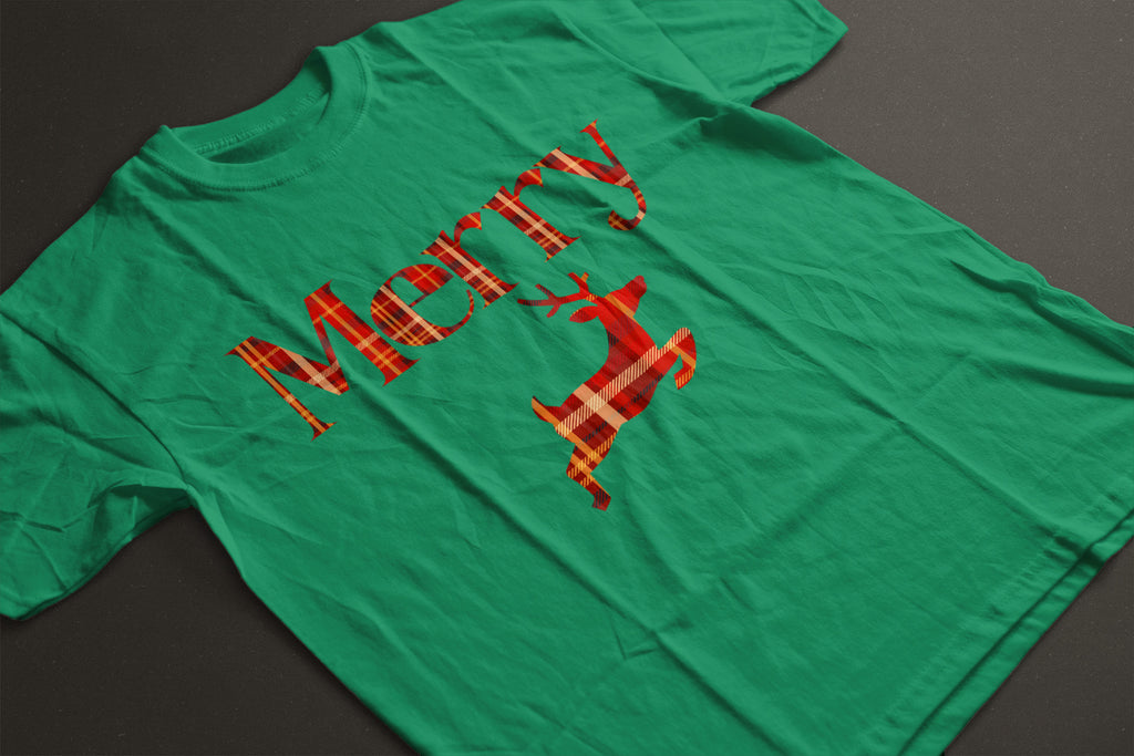 Merry Plaid Deer Christmas Tee — Festive Unisex Holiday T-Shirt in White, Grey, Black & Green | LAHall Artworks