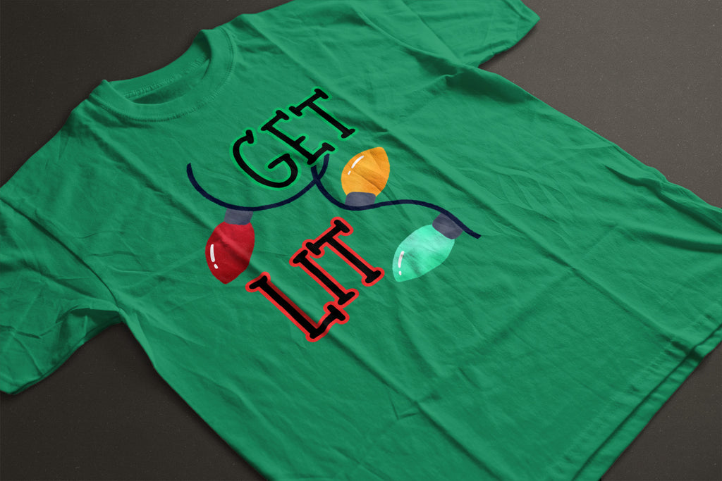 Get Lit Holiday T-Shirt – Funny Christmas Lights Unisex Tee | Festive Graphic Shirt in Black, White, or Grey