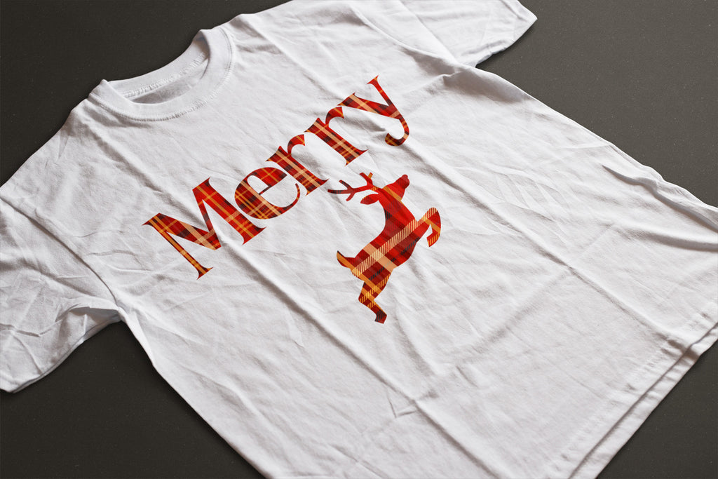 Merry Plaid Deer Christmas Tee — Festive Unisex Holiday T-Shirt in White, Grey, Black & Green | LAHall Artworks
