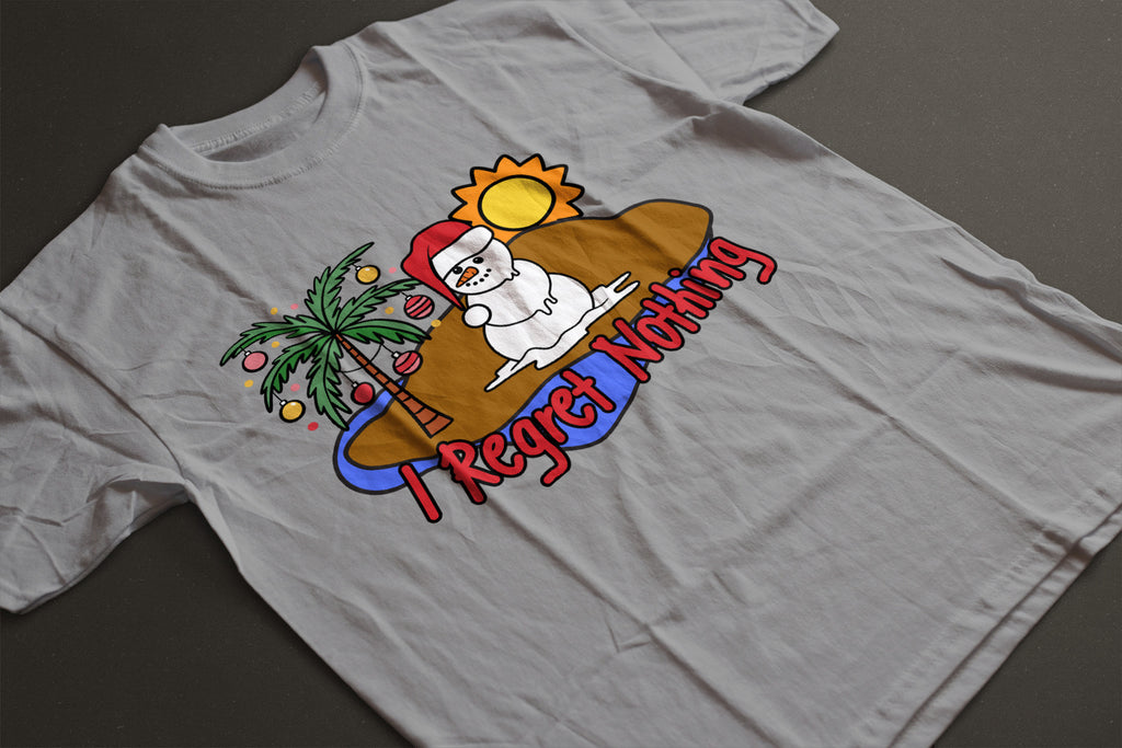 "I Regret Nothing" Melting Snowman Christmas Tee — LAHall Artworks Funny Tropical Holiday Unisex T-Shirt with Deserted Island Graphic | LAHall Artworks