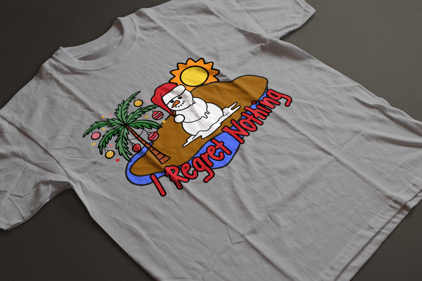 "I Regret Nothing" Melting Snowman Christmas Tee — LAHall Artworks Funny Tropical Holiday Unisex T-Shirt with Deserted Island Graphic | LAHall Artworks