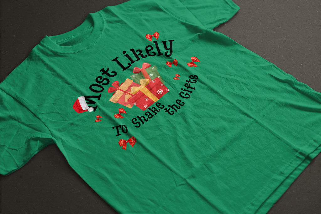 Most Likely to Shake the Gifts Christmas Tee — Fun Unisex Holiday Shirt with Gift & Bow Graphics | LAHall Artworks