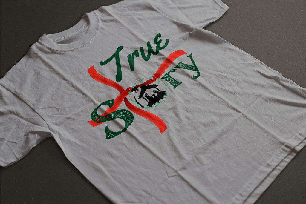 "True Story" Nativity Christmas Tee — LAHall Artworks Nativity & Cross Graphic Unisex Holiday T-Shirt in White, Grey, Blue & Green | LAHall Artworks