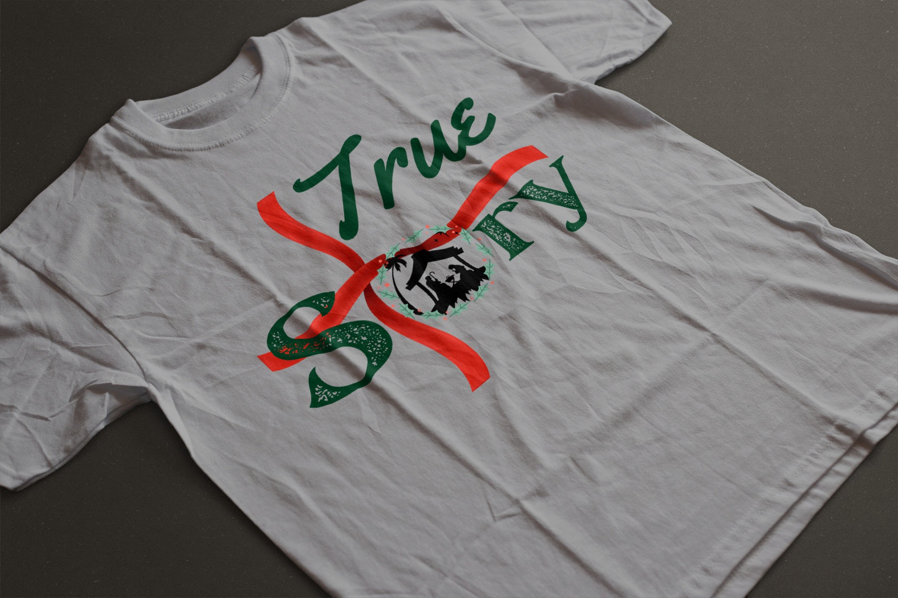 "True Story" Nativity Christmas Tee — LAHall Artworks Nativity & Cross Graphic Unisex Holiday T-Shirt in White, Grey, Blue & Green | LAHall Artworks