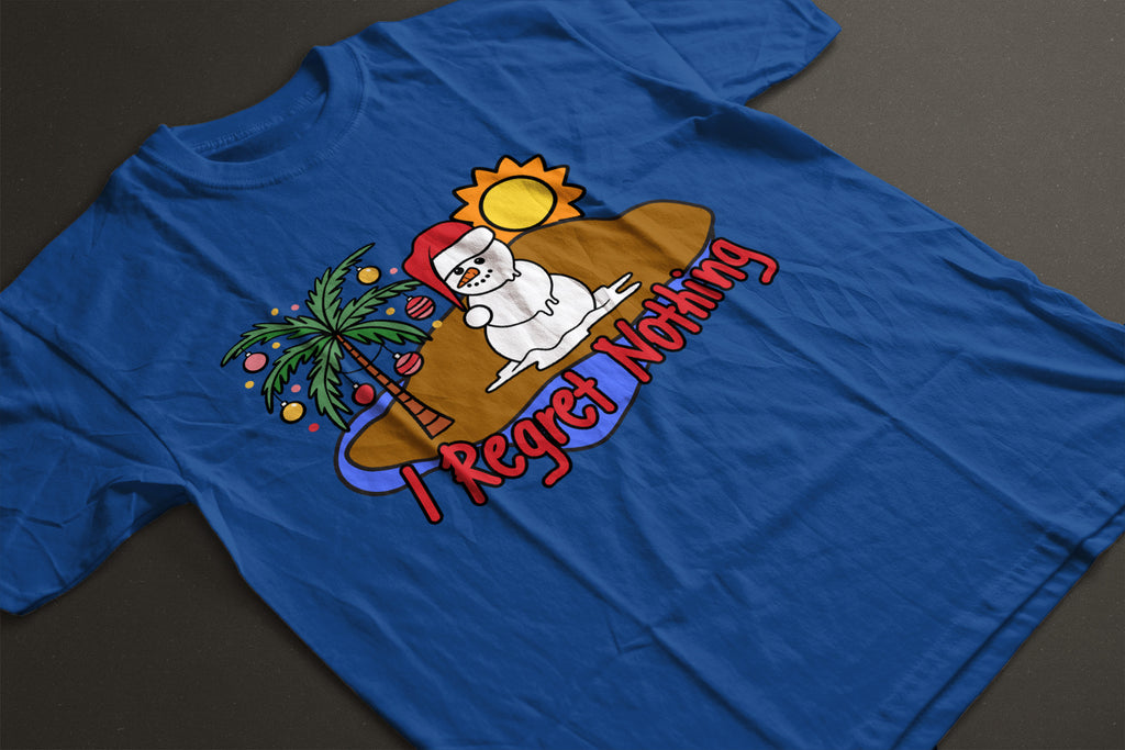 "I Regret Nothing" Melting Snowman Christmas Tee — LAHall Artworks Funny Tropical Holiday Unisex T-Shirt with Deserted Island Graphic | LAHall Artworks