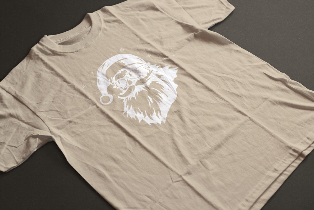 Cool Santa in Sunglasses Vintage Style Christmas Tee — LAHall Artworks Sunglasses Santa Graphic with Snowflakes | Unisex Holiday Shirt by LAHall Artworks