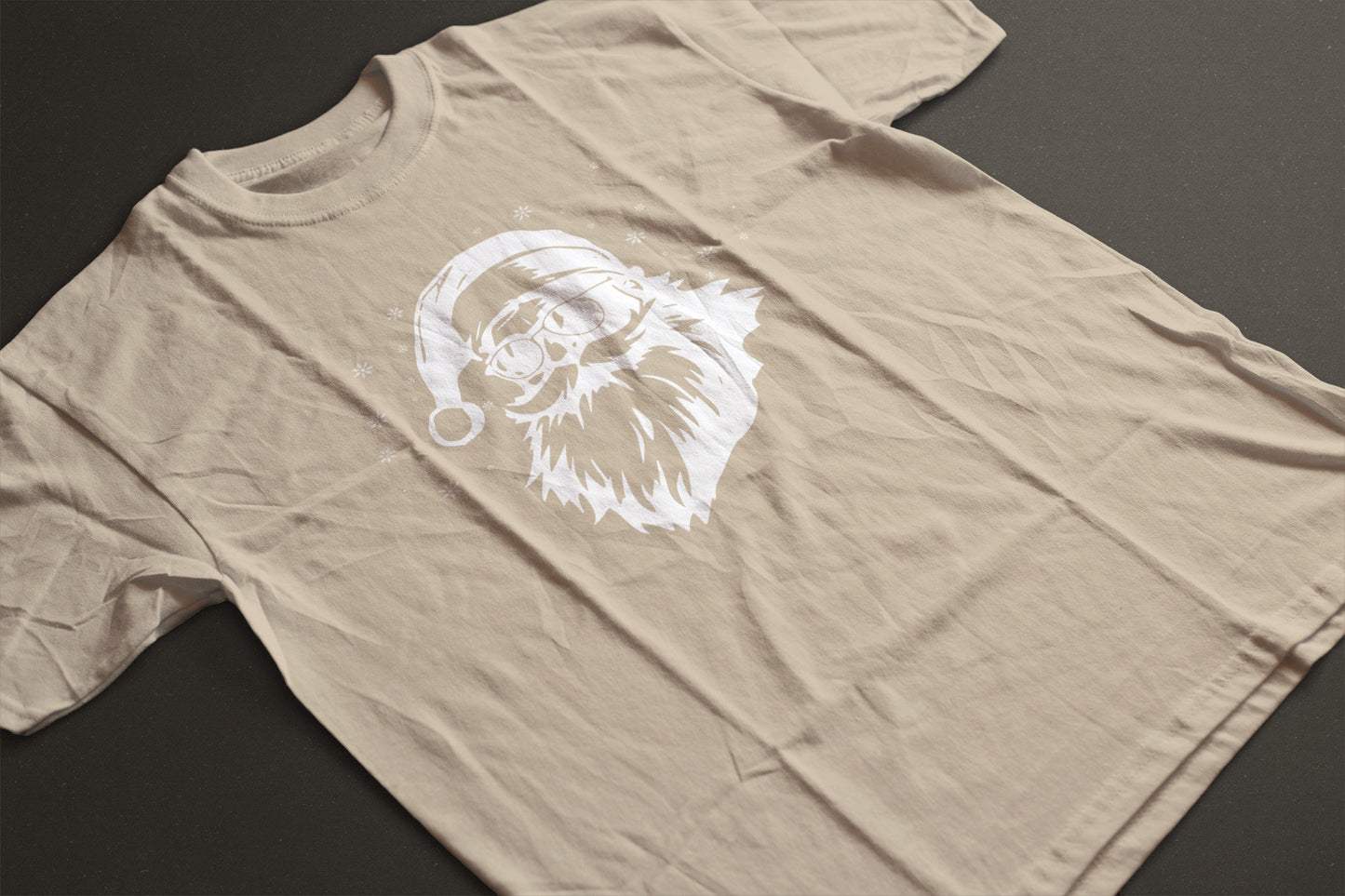 Cool Santa in Sunglasses Vintage Style Christmas Tee — LAHall Artworks Sunglasses Santa Graphic with Snowflakes | Unisex Holiday Shirt by LAHall Artworks
