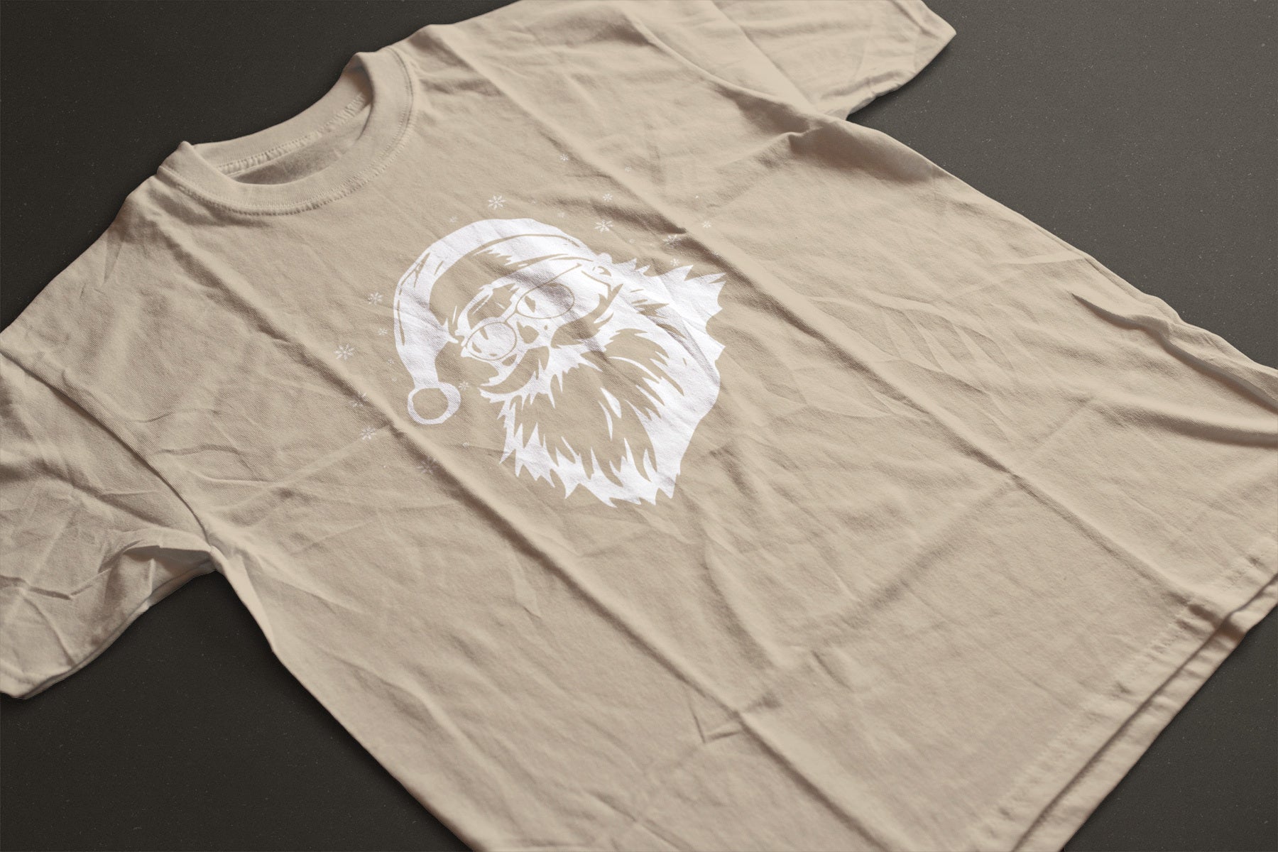 Cool Santa in Sunglasses Vintage Style Christmas Tee — LAHall Artworks Sunglasses Santa Graphic with Snowflakes | Unisex Holiday Shirt by LAHall Artworks