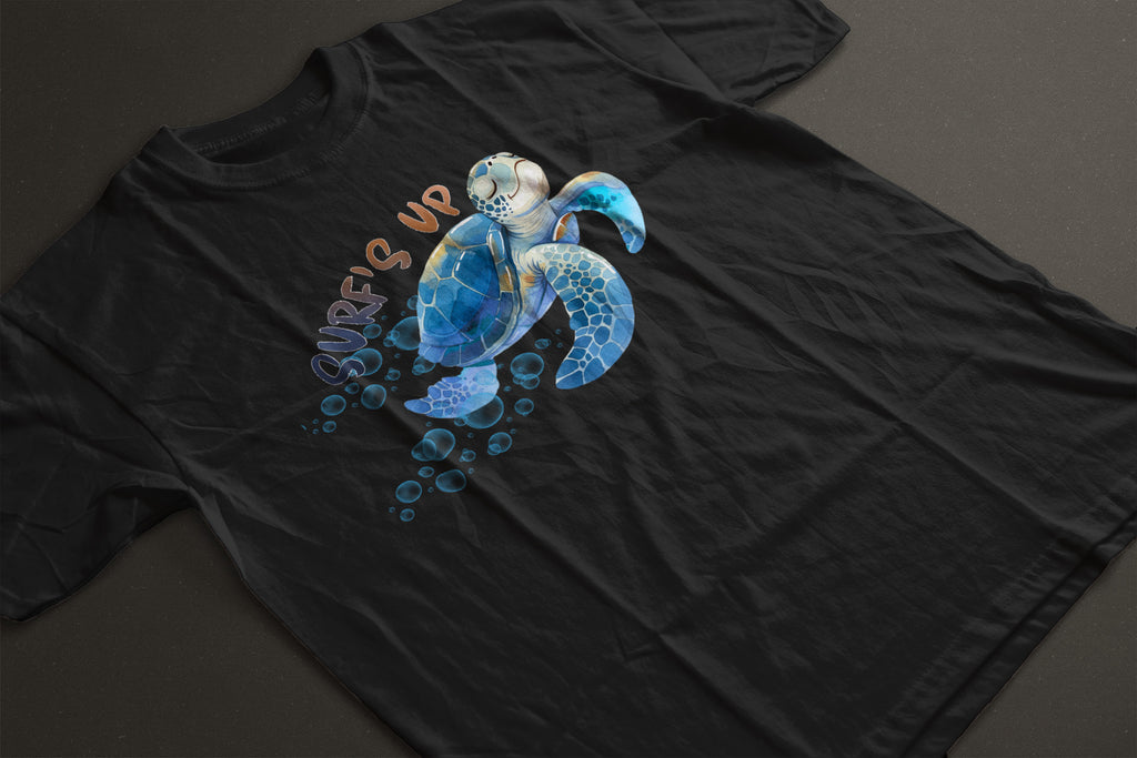 "Surf’s Up" Cartoon Sea Turtle Graphic Tee | Cute Ocean Surf Shirt | Coastal Beach Vibes T-Shirt | LAHall Artworks