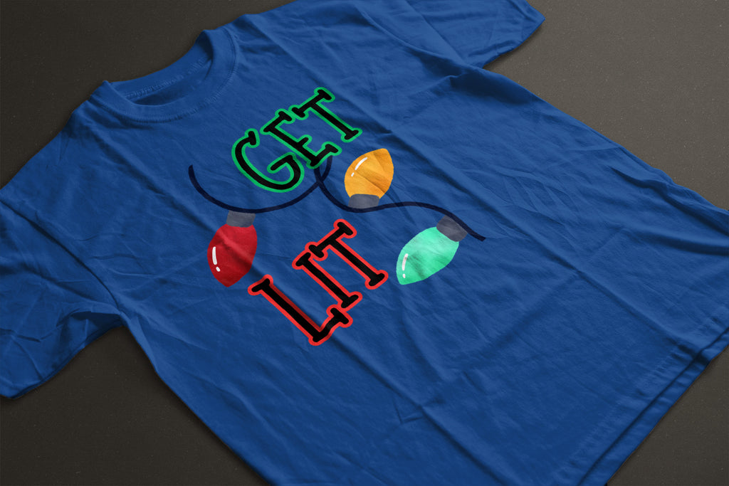 Get Lit Holiday T-Shirt – Funny Christmas Lights Unisex Tee | Festive Graphic Shirt in Black, White, or Grey