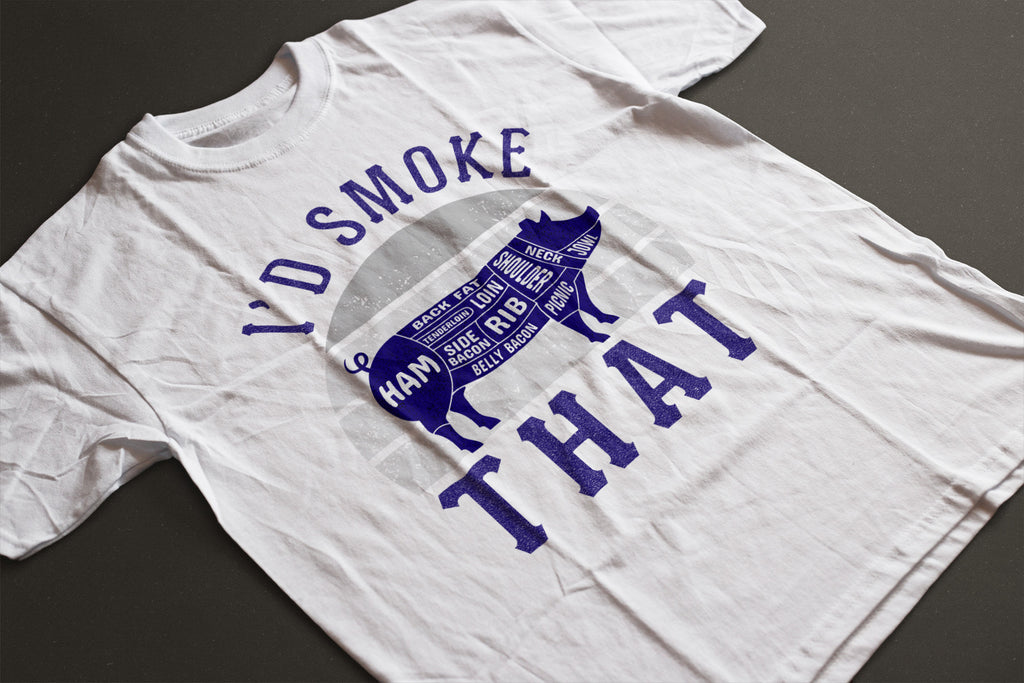 "I’d Smoke That" Pig Butcher Diagram T-Shirt | LAHall Artworks Barbecue Smoker Tee