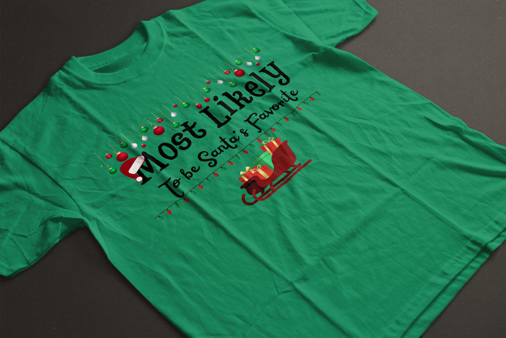 Most Likely to Be Santa’s Favorite Christmas Tee — Festive Unisex Holiday Shirt with Sleigh & Ornament Graphics | LAHall Artworks