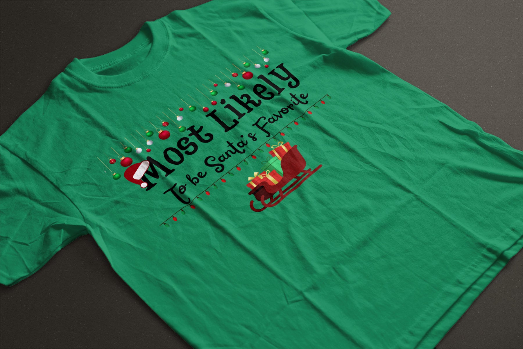 Most Likely to Be Santa’s Favorite Christmas Tee — Festive Unisex Holiday Shirt with Sleigh & Ornament Graphics | LAHall Artworks