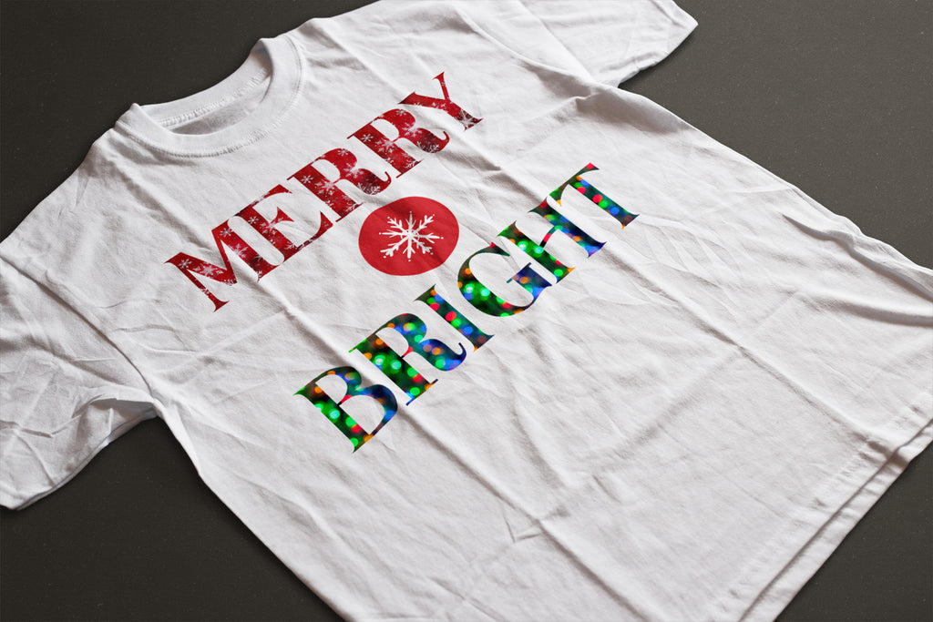 "Merry and Bright" Christmas Tee — :LAHall Artworks Snowflake & Christmas Light Graphic Unisex Holiday Shirt in White, Black, Grey & Green | LAHall Artworks