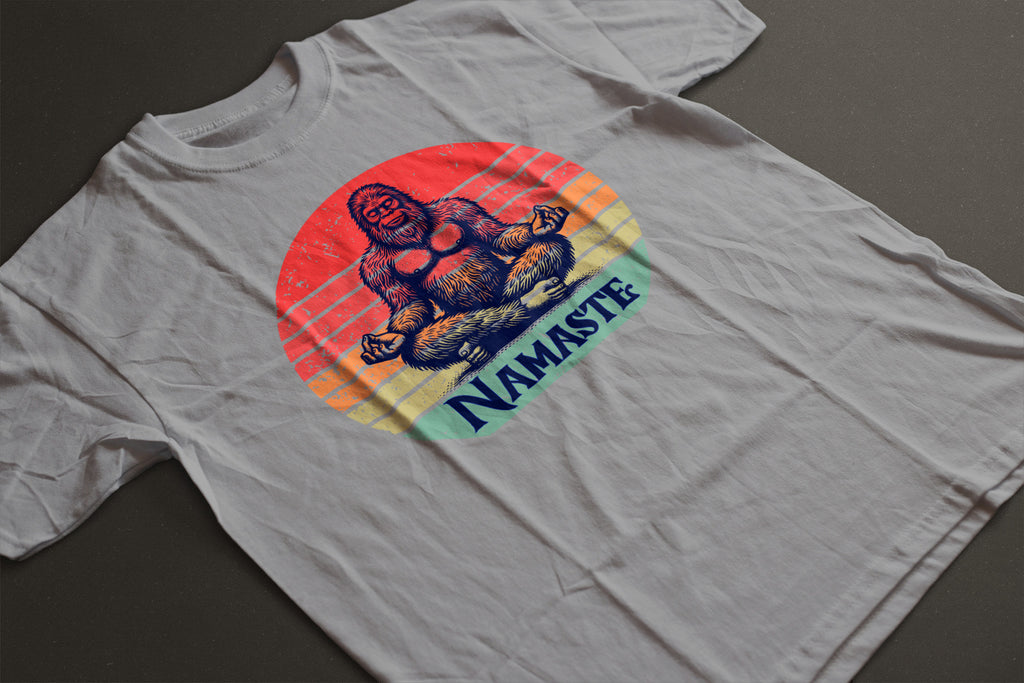 "Namaste" Bigfoot Unisex Tee | Soft Sunset Meditation Sasquatch Graphic Shirt