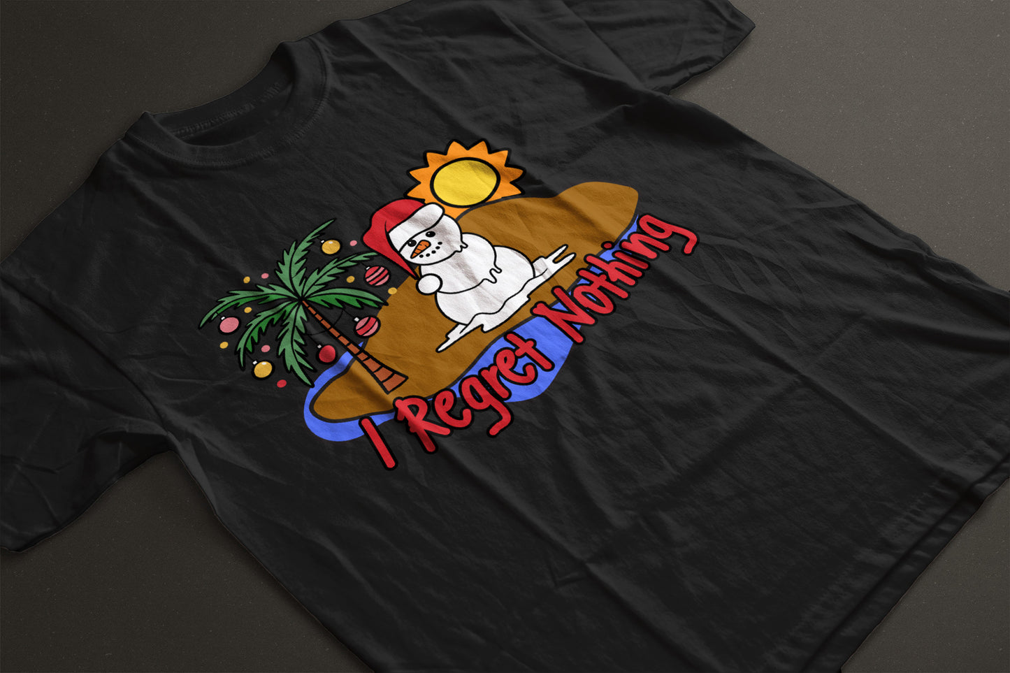 "I Regret Nothing" Melting Snowman Christmas Tee — LAHall Artworks Funny Tropical Holiday Unisex T-Shirt with Deserted Island Graphic | LAHall Artworks