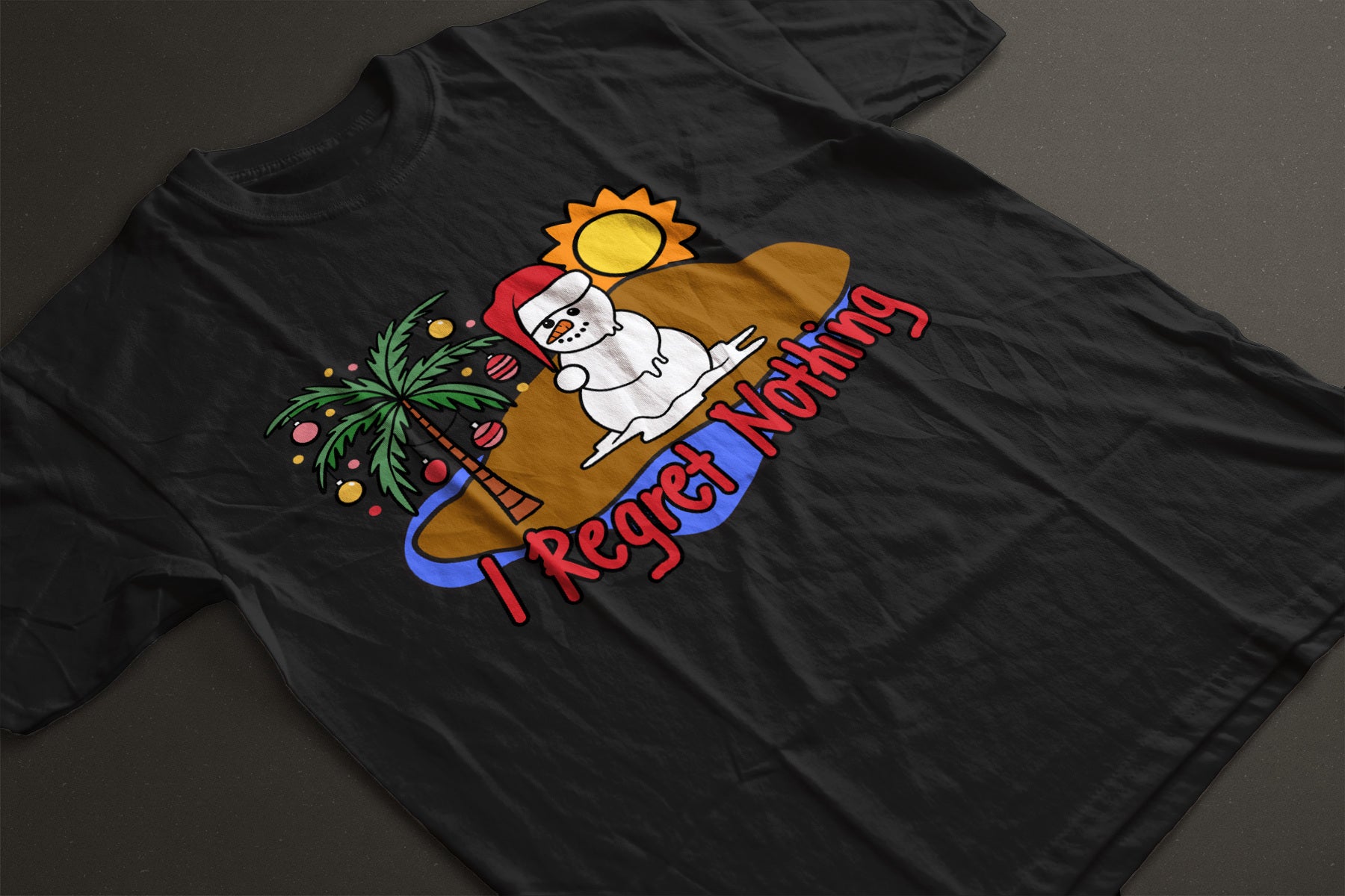 "I Regret Nothing" Melting Snowman Christmas Tee — LAHall Artworks Funny Tropical Holiday Unisex T-Shirt with Deserted Island Graphic | LAHall Artworks