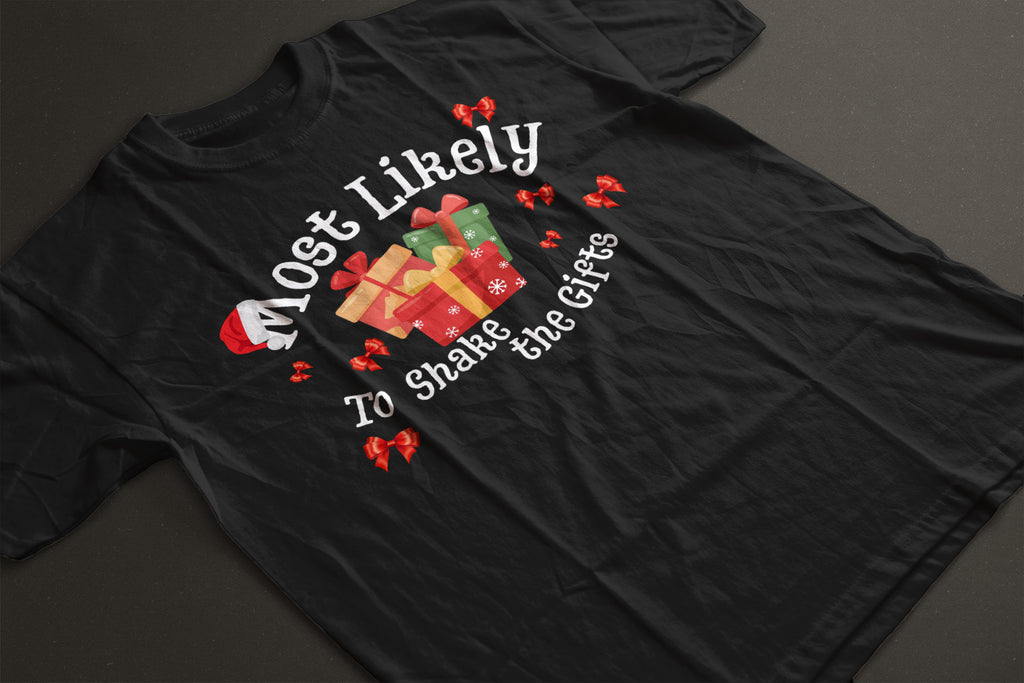 Most Likely to Shake the Gifts Christmas Tee — Fun Unisex Holiday Shirt with Gift & Bow Graphics | LAHall Artworks