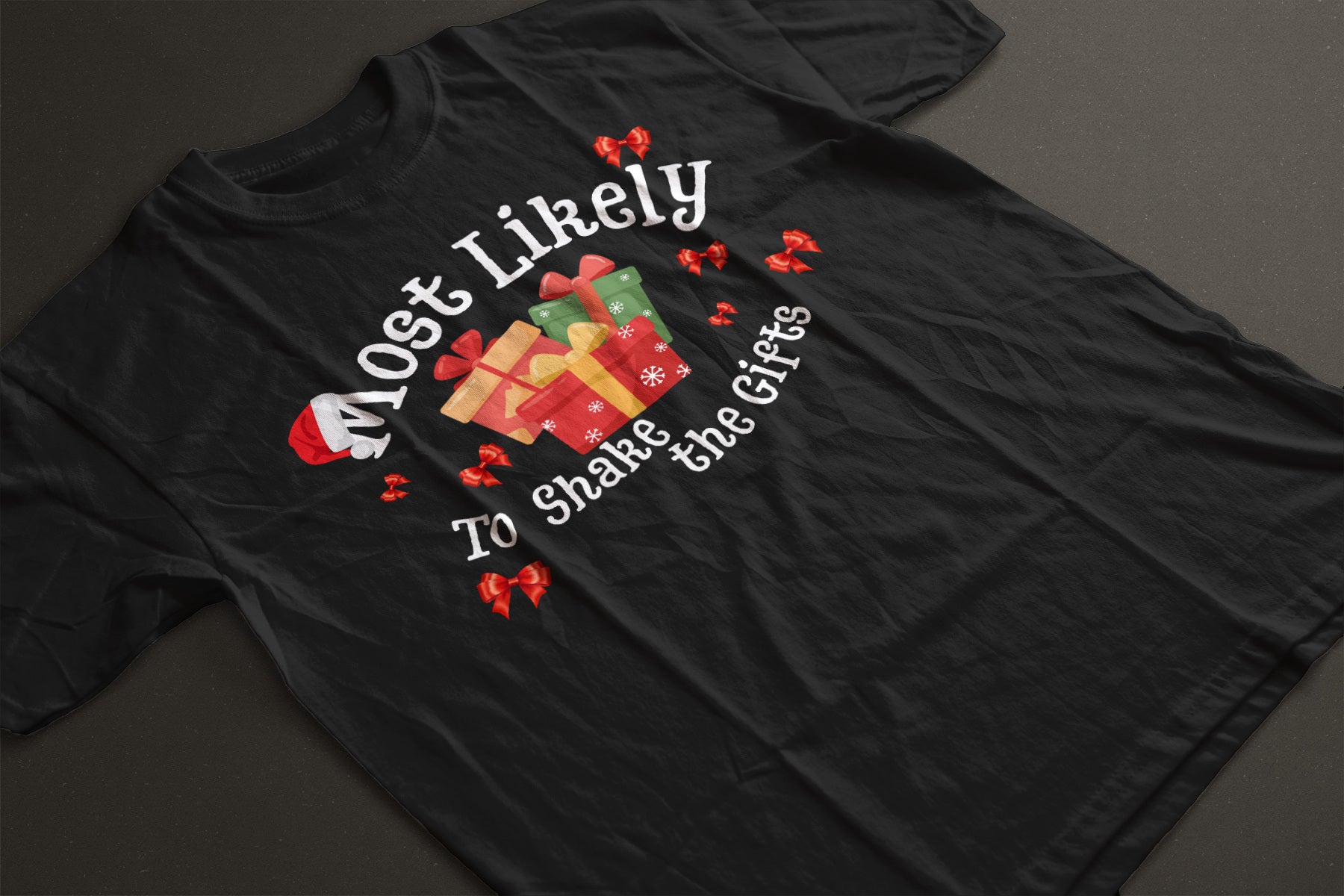 Most Likely to Shake the Gifts Christmas Tee — Fun Unisex Holiday Shirt with Gift & Bow Graphics | LAHall Artworks