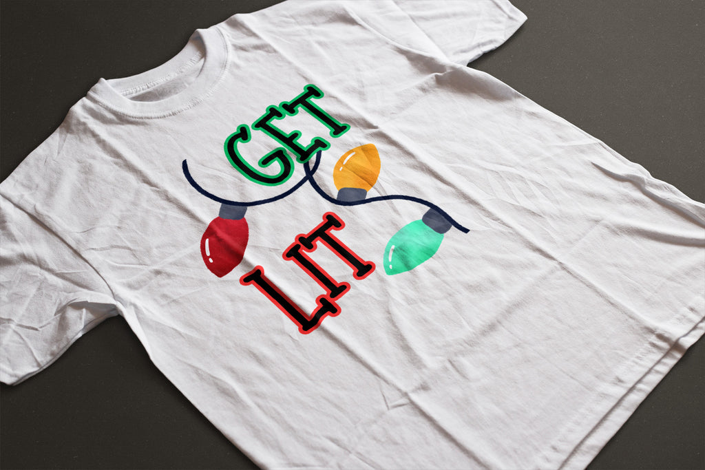 Get Lit Holiday T-Shirt – Funny Christmas Lights Unisex Tee | Festive Graphic Shirt in Black, White, or Grey