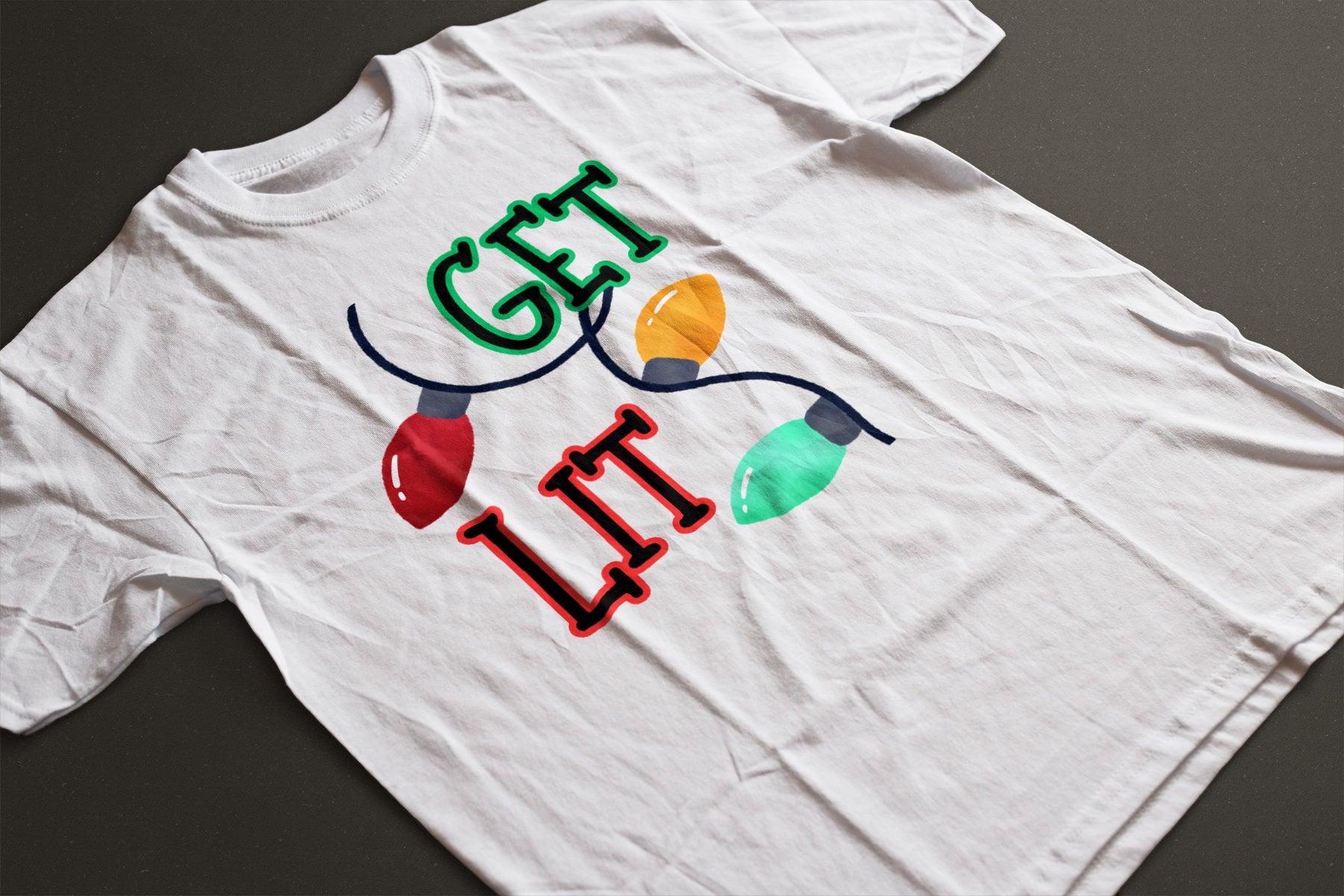 Get Lit Holiday T-Shirt – Funny Christmas Lights Unisex Tee | Festive Graphic Shirt in Black, White, or Grey