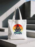Florida Bigfoot Meditation Unisex Tote | Sunset Circle Sasquatch Graphic Tote